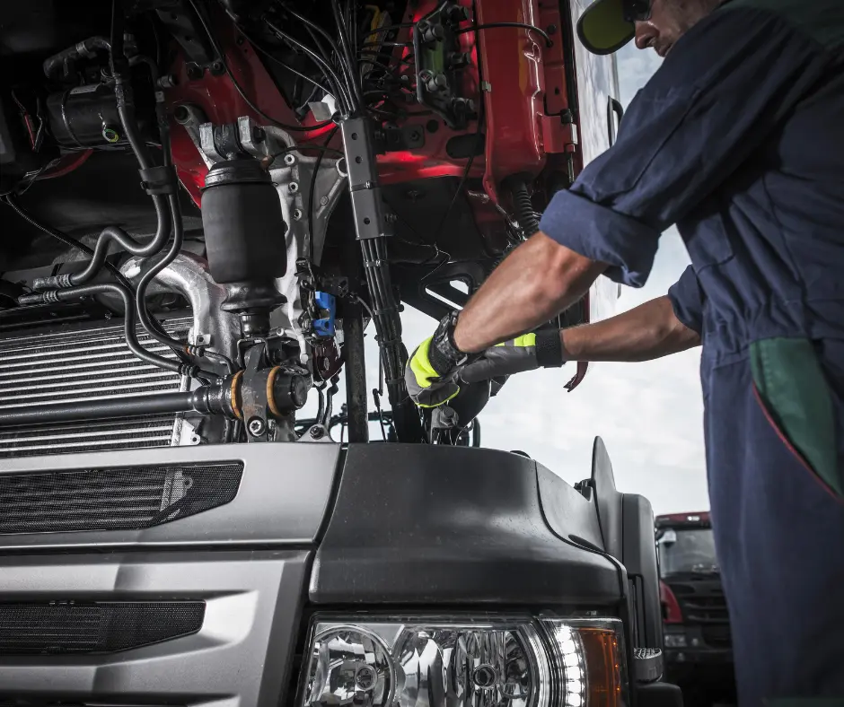 Mechanic working under hood of 18-wheeler