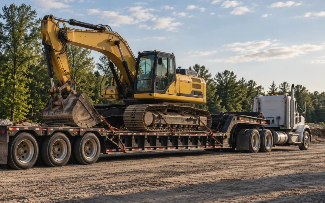 Excavator being hauled by a truck