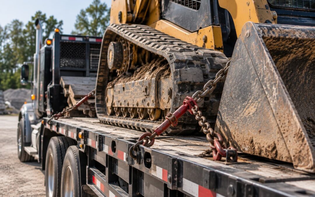 Heavy equipment on the back of a trailer